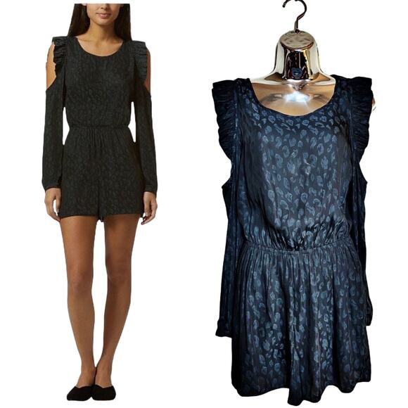 AVEC LES FILLES Romper Animal Print Black Teal Cold Shoulder Ruffle LS Small EUC - Picture 1 of 9